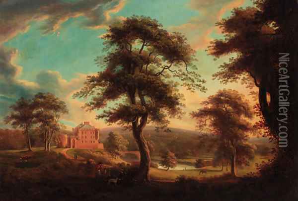 Huntsmen resting before a fortified house in a wooded river landscape Oil Painting - James Norie