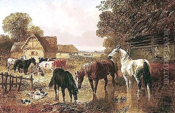 Horses And Cattle In A Farmyard Oil Painting - John Frederick Herring Snr