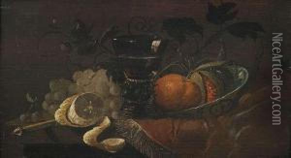 Still-life With Fruits, 
Delftware Bowl And A Glass. Oil Painting - Juriaen van Streeck