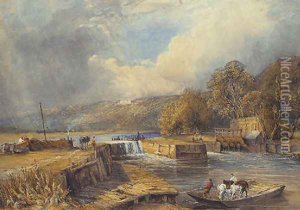 Clivedon from Cookham Weir, a horse-ferry in the foreground Oil Painting - William of Eton Evans