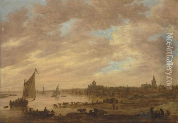 A View Of Nijmegen From The West
 With The Valkhof And St.stevenskerk, A Ferry And Other Shipping On The 
Waal And Cattle Onthe River Bank Oil Painting - Jan van Goyen