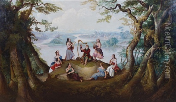 Harpist And Maidens In A Lakeland Landscape Oil Painting - Joseph Patrick Haverty