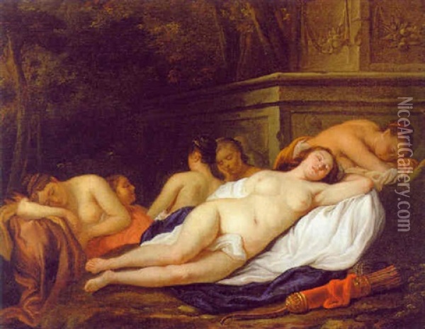 Diana Und Ihre Nymphen Zu Fusen Eines Antiken Monuments Ruhend Oil Painting - Jakob van Loo