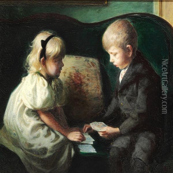 The Silversmith And Toy Designer Kay Bojesen As A Child Playing Cards With His Sister Thyra Oil Painting - Hans Ole Brasen