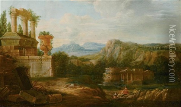 Sudliche Landschaften Mit Tempelruinen, Figurenstaffagen Und Tieren (pair) Oil Painting - Hendrick Frans van Lint