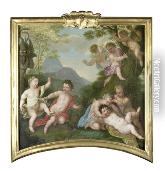 Putti Playing Before An Open Landscape Oil Painting - Augustin Terwesten