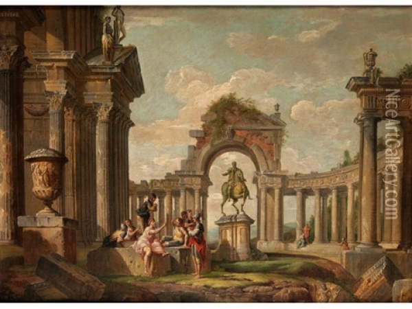 Antike Ruinen Mit Reiterstandbild Und Figurenstaffage Oil Painting - Giovanni Paolo Panini