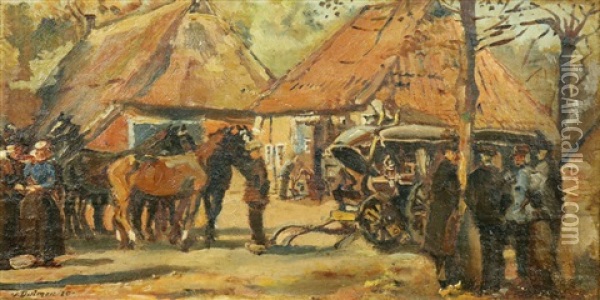 Dorpsplein Met Figuren, Paarden En Koetsjes Oil Painting - Erasmus Bernhard Van Dulmen Krumpelman