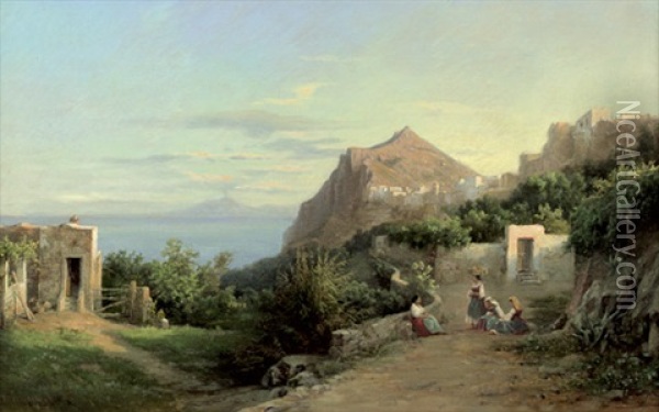 Blick Von Capri Uber Das Meer, Im Hintergrund Der Vesuv Oil Painting - Julius O. Montalant