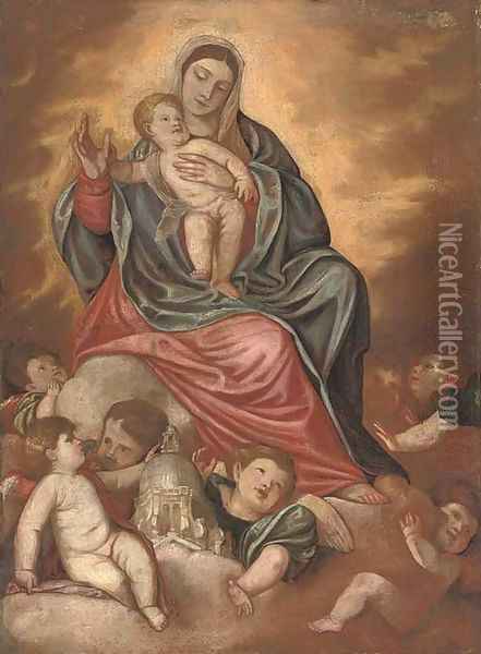 The Madonna and Child with putti and a model of the church of Santa Maria della Salute, Venice Oil Painting - Alessandro Varotari, Il Padovanino