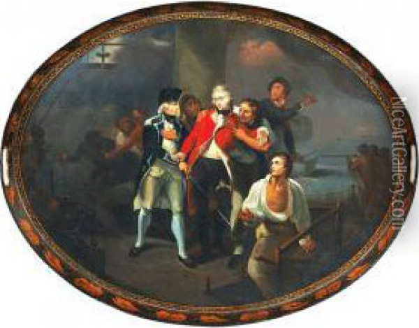 Of Oval Form, Painted With 
Captain Henry Trollope With Themortally Wounded Captain Henry Ludlow 
Strangeways On The Deck Ofhms Glatton, After A Painting By Henry 
Singleton, With A Giltfoliate Border, Inscribed On The Reverse, Raised 
On A Later Faux Oil Painting - George Vicat Cole