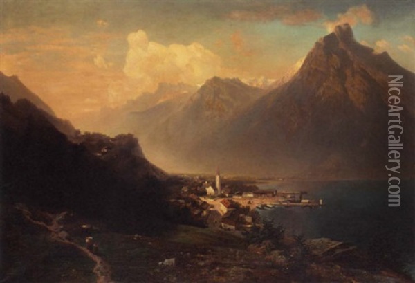 A Mountainous Lake Landscape With A Waterfall In The Foreground Oil Painting - Wilhelm Klein