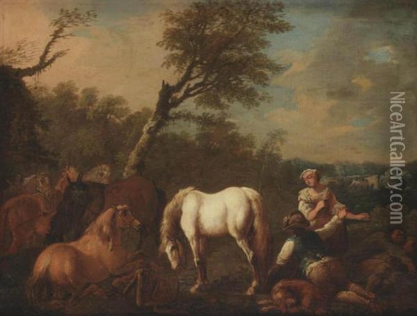 A Wooded Landscape With Horsemen Resting Oil Painting - Francesco Zuccarellego