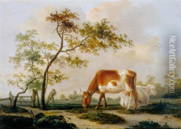 Cows In A Farmyard With A Village In The Distance, In Summer Oil Painting - Pieter Gerardus Van Os