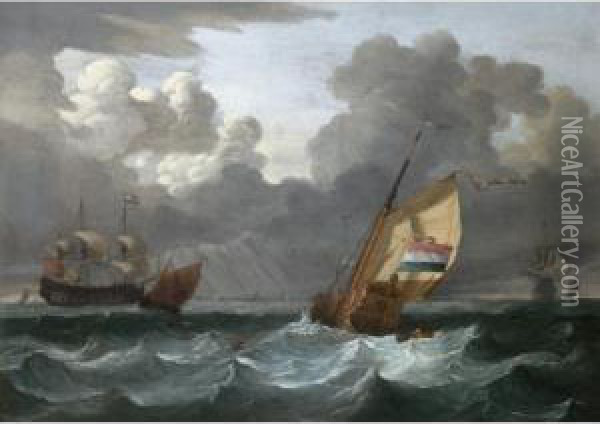 A Dutch Yacht Off The Coast, A Man-o'-war And Other Ships In The Distance Oil Painting - Wigerius Vitringa