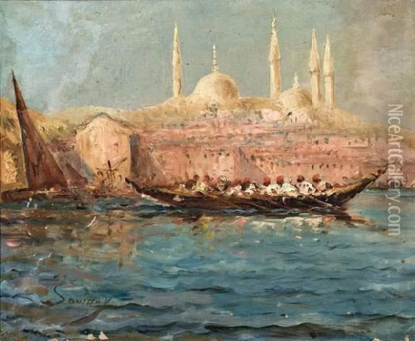 Gondole Devant Sainte Sophie A Istanbul. Oil Painting - Paul Savigny