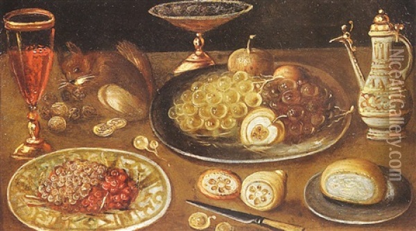 Nature Morte De Fruits Et Orfevrerie Avec Un Ecureuil Oil Painting - Jan van Kessel the Younger