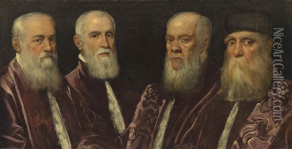A Group Portrait Of Four Venetian Senators, Bust-length Oil Painting - Domenico Tintoretto
