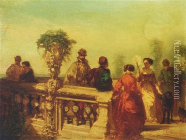 La Terrasse: Elegant Company On A Terrace Oil Painting - Charles Rochussen