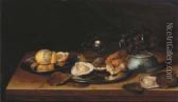 An Upturned Roemer And Chinese 
Bowl, A Peeled Lemon, Bread And Oysters On Silver Platters, All With 
Oysters On A Wooden Ledge Oil Painting - Jan Davidsz De Heem