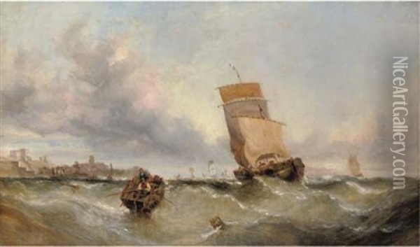 A Boulogne Lugger Caught In A Swell Off A French Channel Port Oil Painting - William Callcott Knell