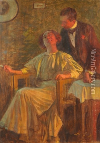 A Couple In An Interior By Firelight Oil Painting - Tihamer Von Margitay