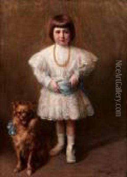 Ritratto Di Bambina Con Cane Oil Painting - Giuseppe Pennasilico