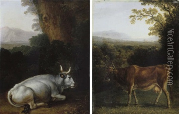 Liegende Weise Kuh Vor Landschaftlichem Hintergrund Oil Painting - Jacob Philipp Hackert