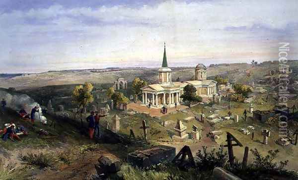 Quarantine Cemetery and Church, plate from The Seat of War in the East, pub. by Paul and Dominic Colnaghi and Co., 1856 Oil Painting - William Simpson