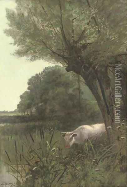 A cow watering at a wooded pool Oil Painting - Henry William Banks Davis
