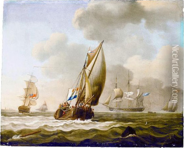 British Frigates And Other Vessels Offshore In A Swell, With A Dutch Hoy -traditionally Identified As The 
Minerva 
 Of Vlissingen - Heading Out To Sea Oil Painting - David Kleyne