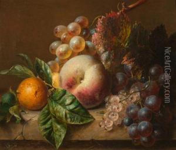 Fruit Still Life With Peach, Grapes, Berries And An Orange Oil Painting - Adriana-Johanna Haanen