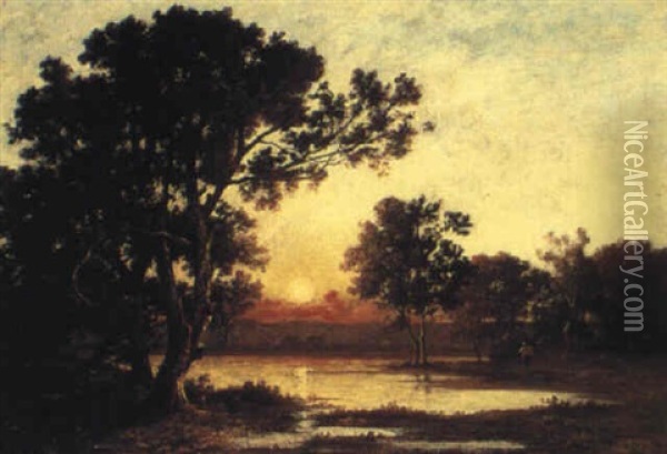 Sunset By The Lake Oil Painting - Leon Richet