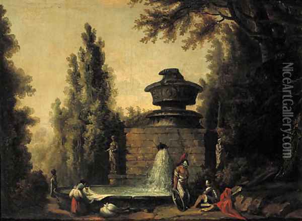 Washerwomen by a fountain with Roman warriors in an Italianate garden Oil Painting - Hubert Robert