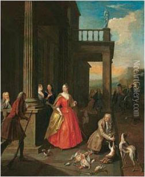 Elegant Figures Gathered Before A Portico After Returning From A Hunt Oil Painting - Joseph van Aken