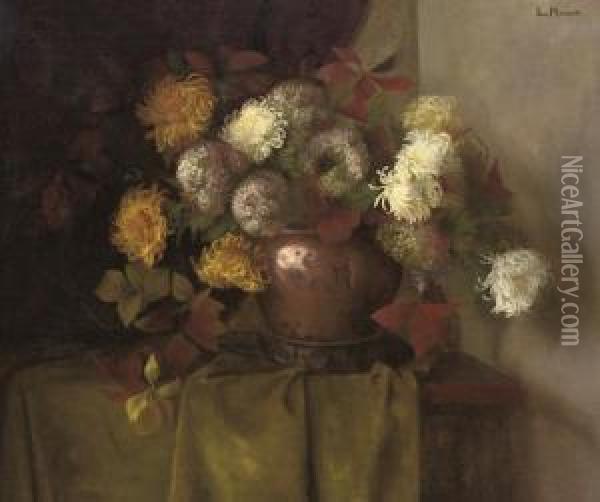 Chrysanthemums, Hydrangeas And Other Blooms In A Copper Urn On A Draped Table Oil Painting - Lucie Von Saenger
