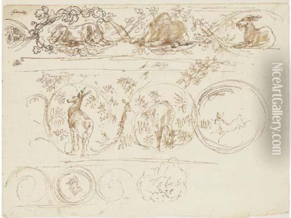 Friezes Of Garlands Enclosing A 
Lioness, A Bear And A Goat; A Stag,a Doe And A Hare (recto); A Man On A 
Horse And A View Of Thecampidoglio, Rome, With A Study Of The River God 
Nile (verso) Oil Painting - Stefano della Bella