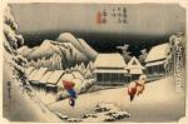 Les 53 Stations Du Tokaido, Kambara, Yoro No Yuki Oil Painting - Utagawa or Ando Hiroshige