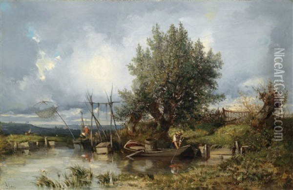 Flusslandschaft Mit Anglern Oil Painting - Camille Flers