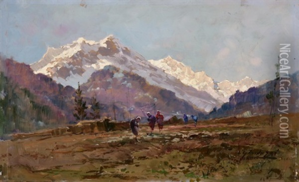 Bauerinnen Bei Der Feldarbeit Mit Monte Rosa Im Hintergrund Oil Painting - Cesare Gheduzzi