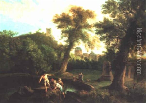Wooded Landscape With Fishermen Beside An Ornamental Pond, A City Beyond Oil Painting - Andrea Locatelli