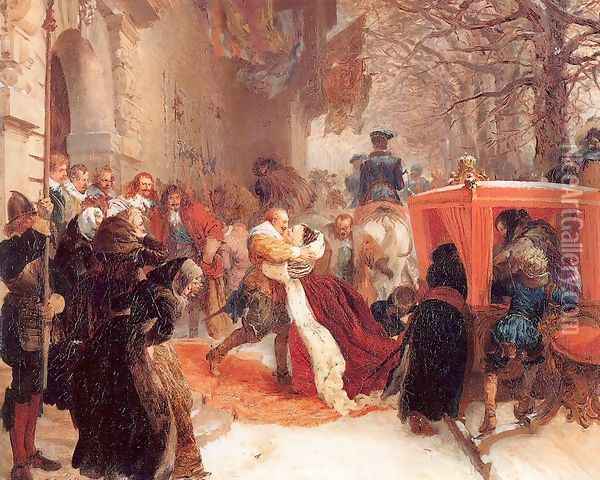 Gustav Adolph Greets his Wife outside Hanau Castle in January 1632, 1847 Oil Painting - Adolph von Menzel