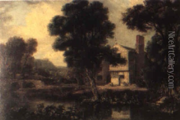 River Landscape With A Woman Washing Clothes Near A Cottage Oil Painting - George Arnald