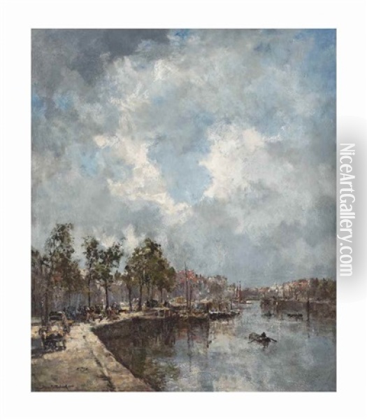 Stadsgezicht: A Busy Sunlit Harbour In Rotterdam Oil Painting - Johan Hendrik van Mastenbroek
