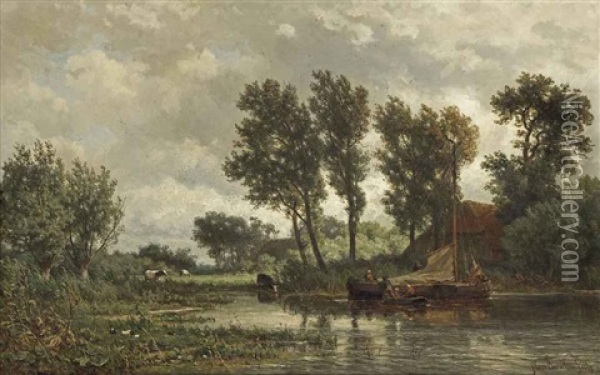 A Polder Landscape With A Vessel Near A Farm Oil Painting - Jan Willem Van Borselen