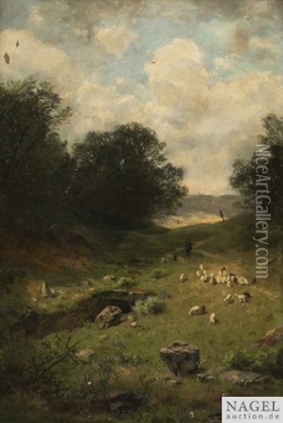 Schafer Mit Herde In Hugeliger Landschaft Oil Painting - August (Karl Martin A.) Splitgerber