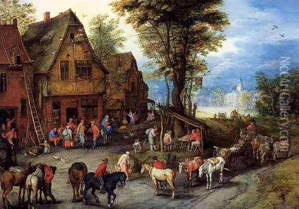 A Village Street With The Holy Family Arriving At An Inn Oil Painting - Jan The Elder Brueghel