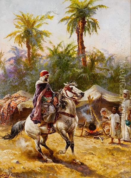 An Arab Horseman In A Village Oil Painting - Harry Payne