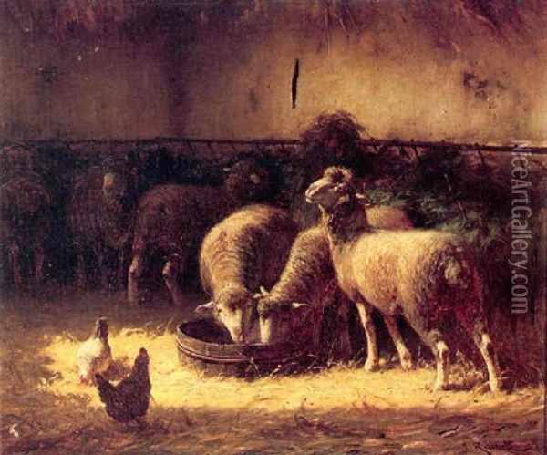 Sheep Watering In A Barn Interior Oil Painting - Jules Ramet