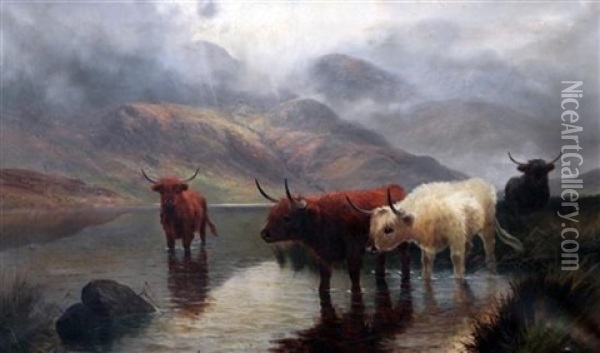 Highland Cattle, Loch Lubnaig Oil Painting - Henry Robinson Hall
